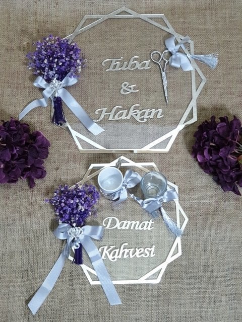 Köşeli pleksi söz nişan tepsi seti/damat kahvesi