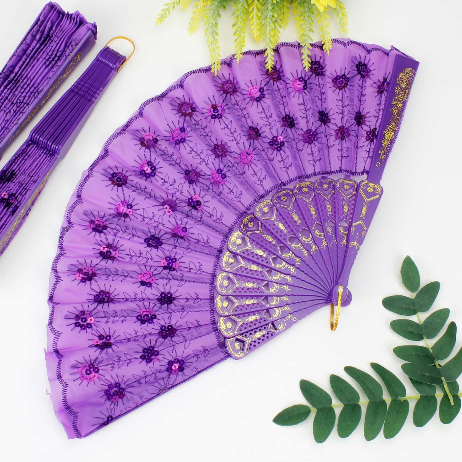 12'li Mor Plastik Pullu Kumaş Yelpaze