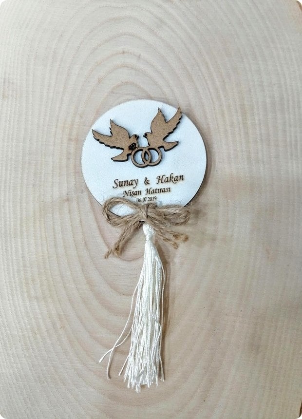 6 cm Süslü Kuşlu Kabartmalı Mdf Söz, Nişan Magnet