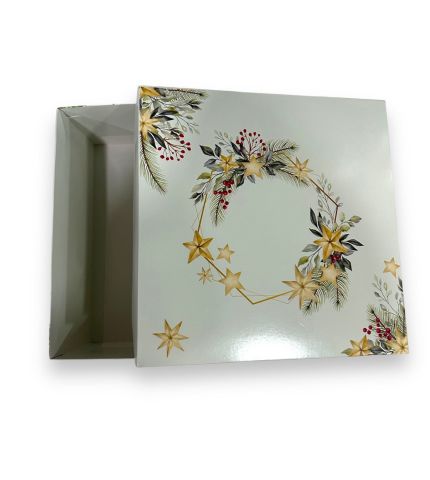 25x25x12 Krem Yıldız Desenli Yılbaşı Hediye Kutusu