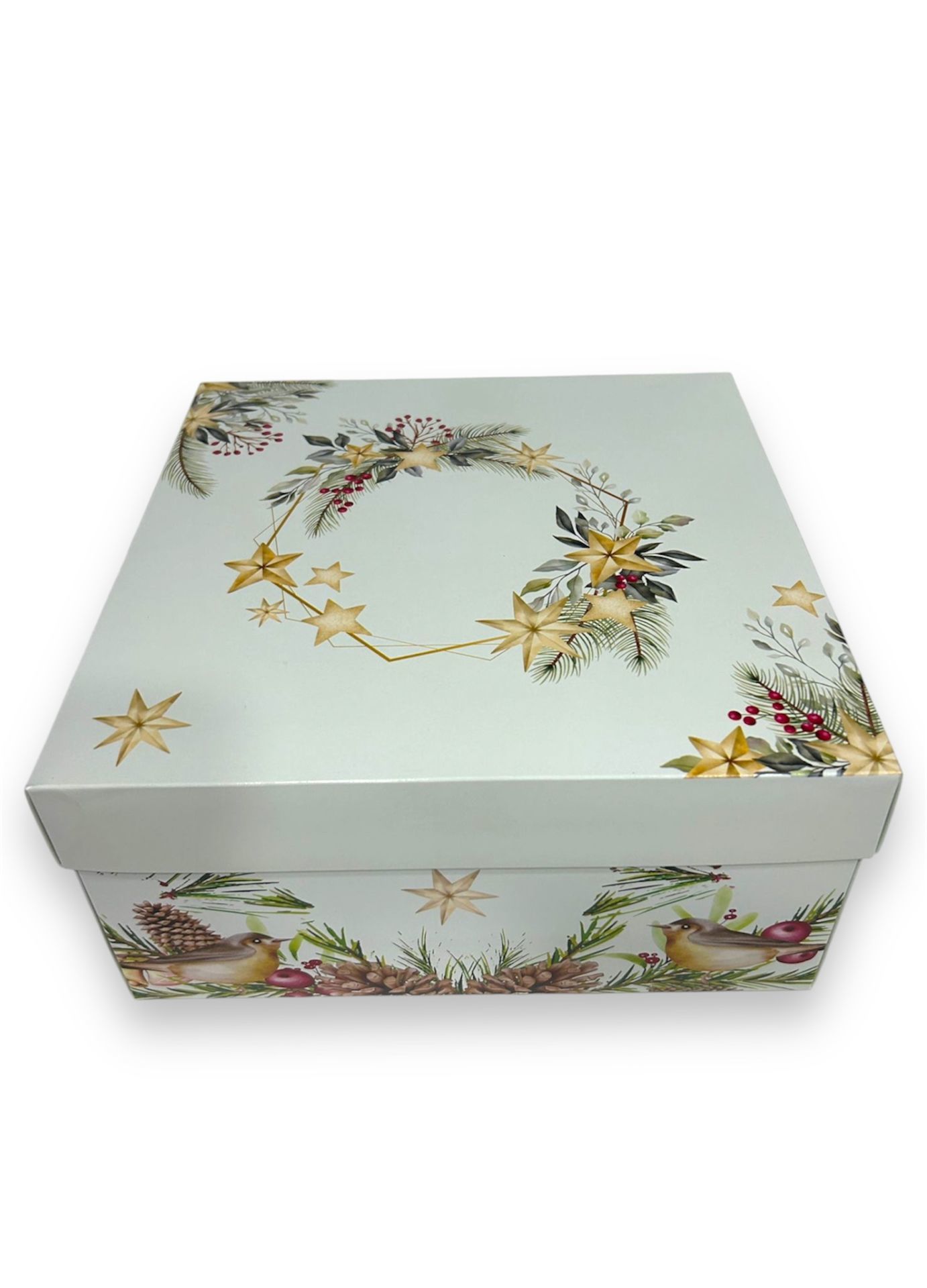 25x25x12 Krem Yıldız Desenli Yılbaşı Hediye Kutusu