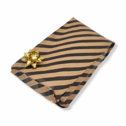 15x33 cm Siyah Çizgili Şamua Kraft Körüklü Kese Kağıdı 500gr 60 - 70 Adet