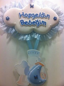 Bebek Odası Kapı Süsü; Bulut Leylek Baskılı