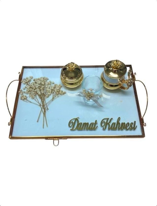 Süslü Çift Kat Camlı Damat Tepsisi