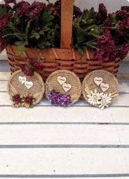 Çuval Yuvarlak Ahşap Kalpli Magnet (Söz, Nişan, Nikah, Şekeri)