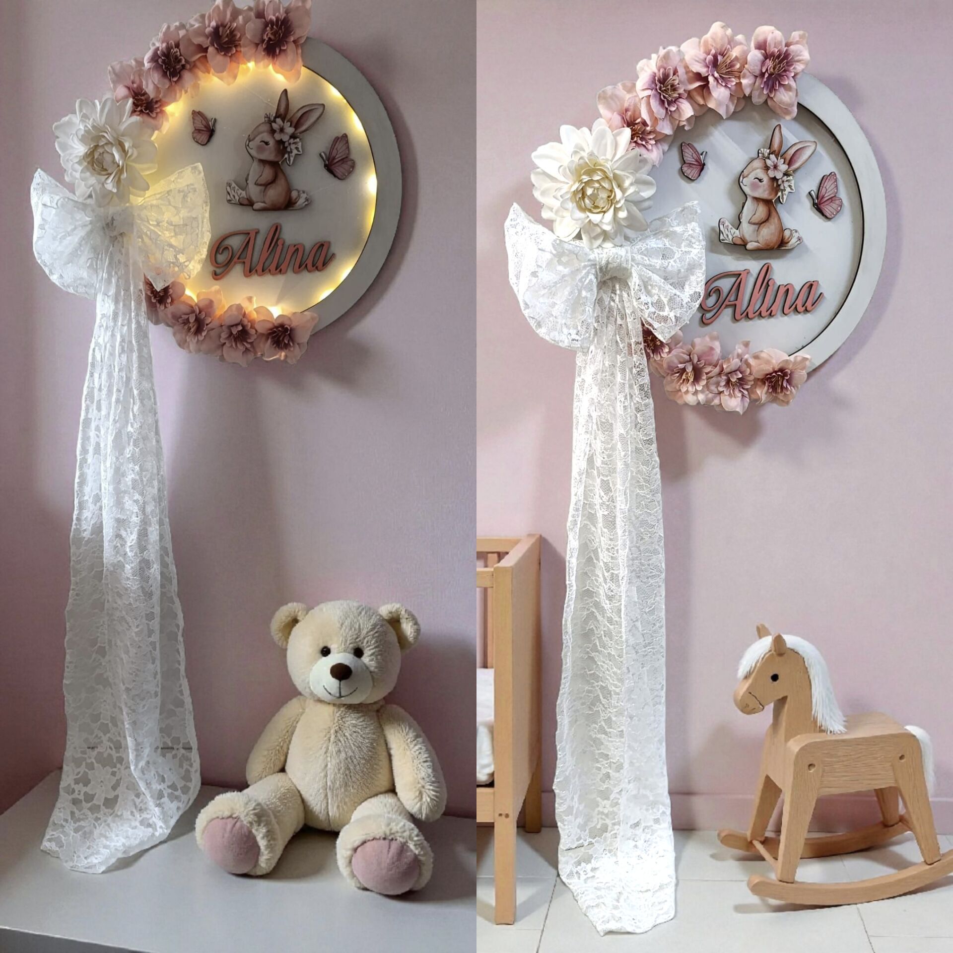 Fiyonk & Tavşan dekorlu ışıklı kapı süsü