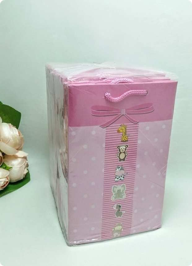 11x17 Cm Fiyonklu Pembe İpli Karton Çanta, Poşet