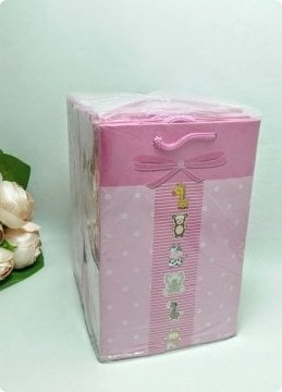 11x17 Cm Fiyonklu Pembe İpli Karton Çanta, Poşet