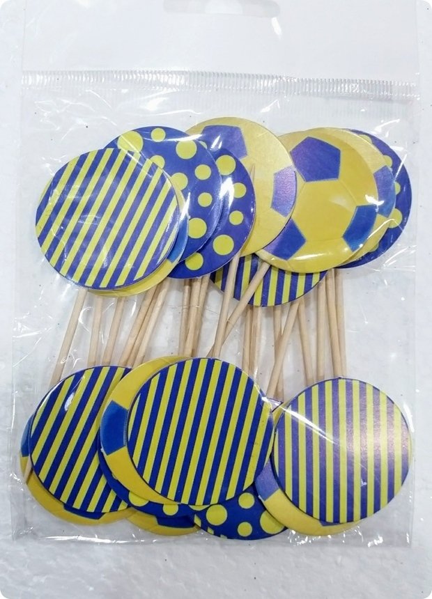 20 li Sarı Lacivert Futbol Topu Süsleme Kürdanı (Cupcake - Muffin -kek dekoratif kürdan)