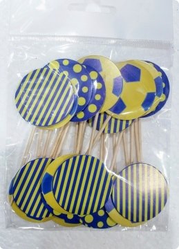 20 li Sarı Lacivert Futbol Topu Süsleme Kürdanı (Cupcake - Muffin -kek dekoratif kürdan)