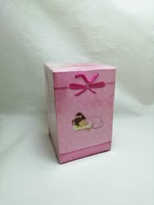 11x17 Cm Fiyonklu Yatan Bebek Pembe İpli Karton Çanta, Poşet