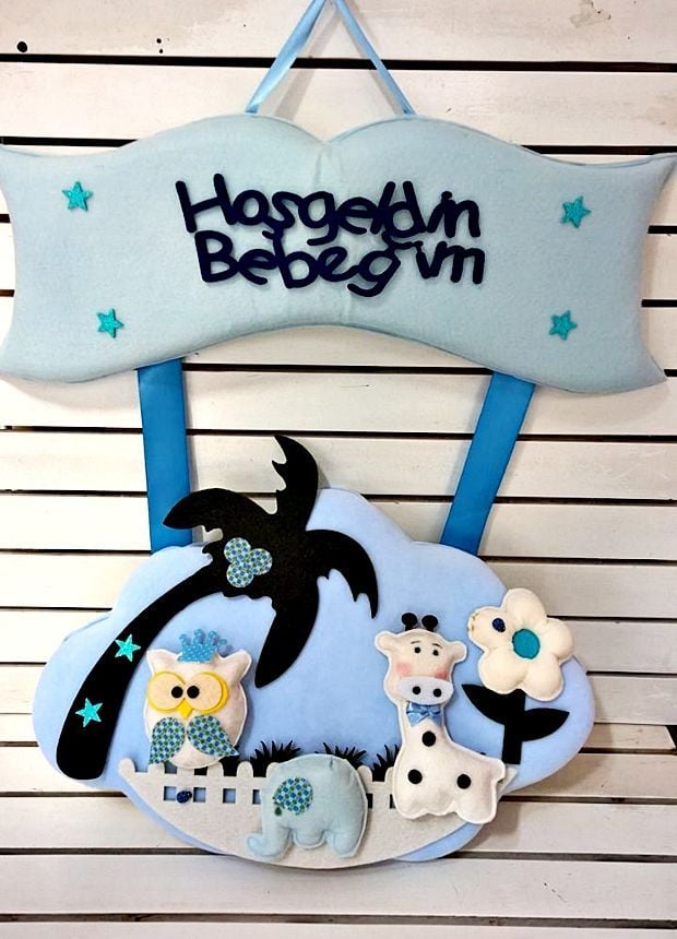 Bebek odası kapı süsü ;Palmiye ağaçlı Mavi - 6 Adet / Paket