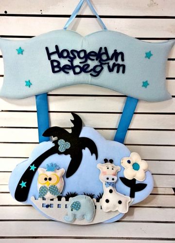 Bebek odası kapı süsü ;Palmiye ağaçlı Mavi - 6 Adet / Paket