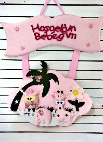 Bebek odası kapı süsü ;Palmiye ağaçlı Pembe - 1.Adet