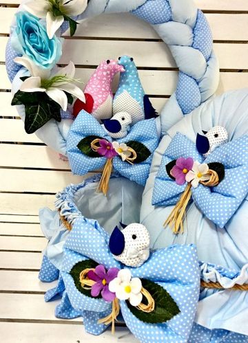 Güvercinli 3 lü set (Sepet+Takı yastığı+Kapı süsü) Mavi